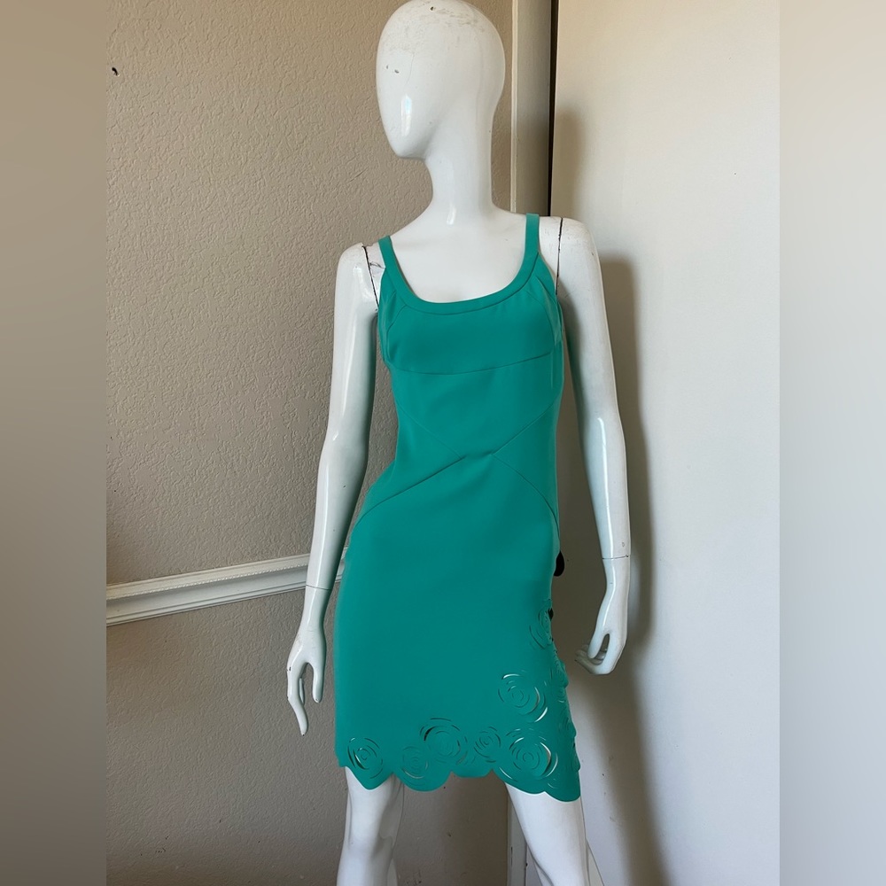 VERSACE NEW! Bright Teal Green Sleeveless Stretch Laser Cut Mini Dress Sz IT 40